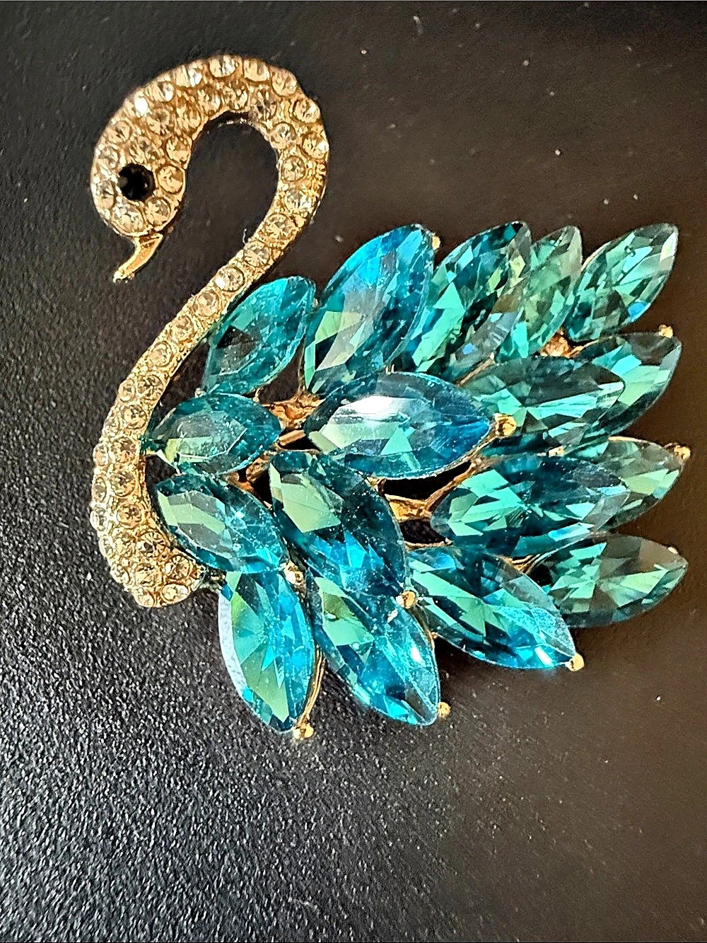 Crystal Swan Brooch in Blue & Gold